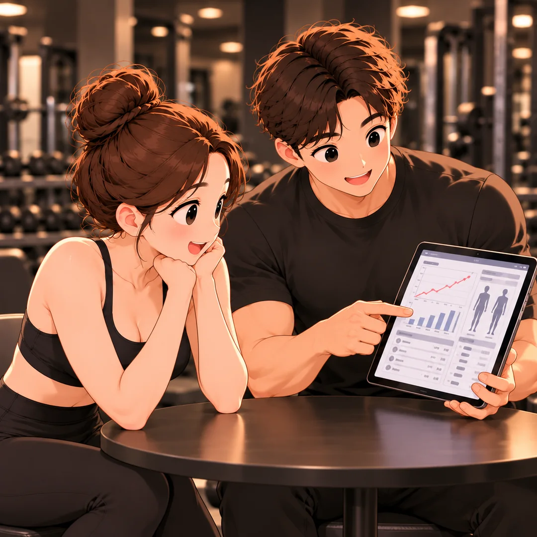 구의사거리헬스장 코치가 지난 운동 기록을 보여주는 모습
